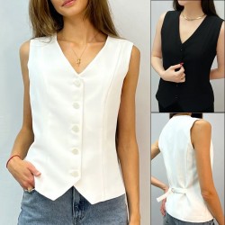 Spring and summer vest fashion solid color 2025 new style European and American women's wear cross-border slim design sense V-neck top for women