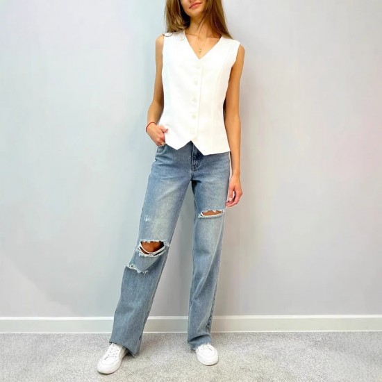 Spring and summer vest fashion solid color 2025 new style European and American women's wear cross-border slim design sense V-neck top for women