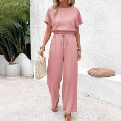Autumn European and American fashion drawstring 2025 new style women's cross-border elastic waist casual long pants two-piece set for women