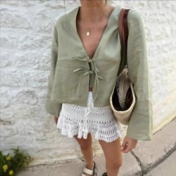 Autumn and winter European and American cross-border new style fashion cardigan no button retro style tie long sleeve shirt for women 2025