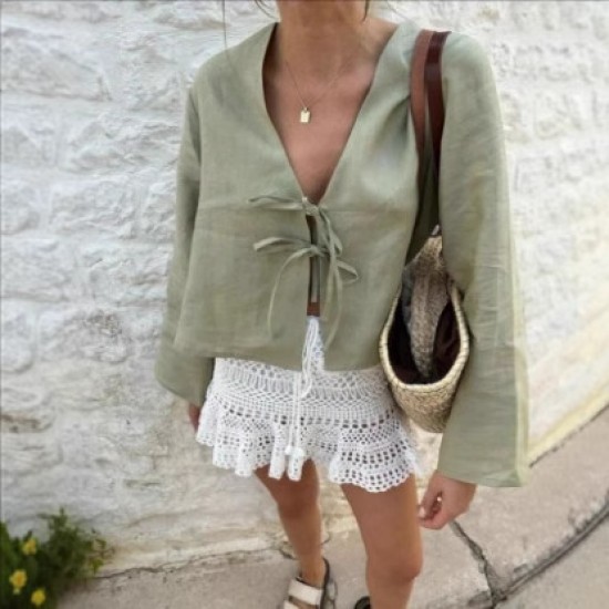 Autumn and winter European and American cross-border new style fashion cardigan no button retro style tie long sleeve shirt for women 2025