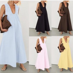 Spring and summer fashion crinkle pleated U-neck design sense dress for women 2025 new style cross-border European and American women's wear