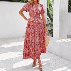 Autumn and winter European and American waist-cinching 2025 new style cross-border women's fashion elastic waist romantic vacation-style printed dress for women