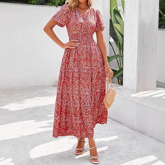 Autumn and winter European and American waist-cinching 2025 new style cross-border women's fashion elastic waist romantic vacation-style printed dress for women
