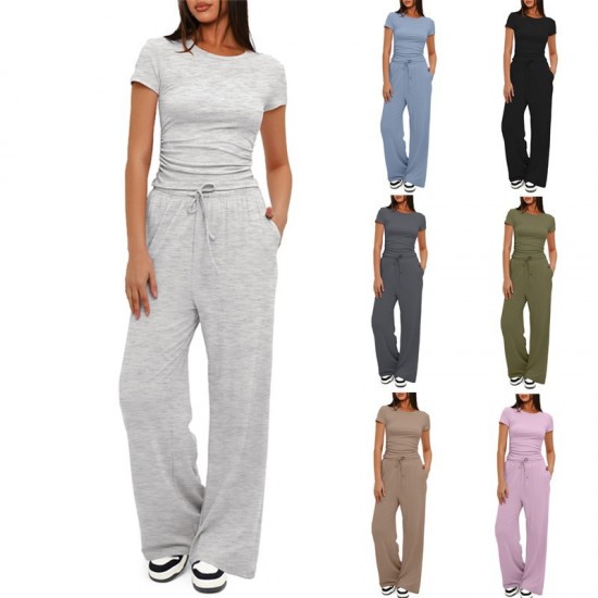 Four seasons European and American women's fashion 2025 new style fashionable design-sense casual long pants short-sleeved retro two-piece set for women