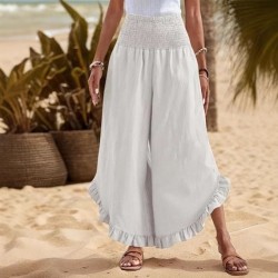 Four seasons European and American style women's 2025 new style fashionable gathered waist vacation-style ruffled hem wide-leg casual pants for women