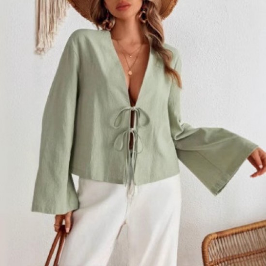 Autumn and winter European and American cross-border new style fashion cardigan no button retro style tie long sleeve shirt for women 2025