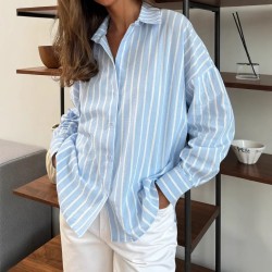 Autumn fashion polo neck Middle East 2025 new style European and American women's wear cardigan striped regular long sleeve shirt for women