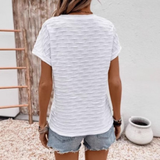 Spring and summer fashion jacquard round neck 2025 new style European and American women's wear solid color V-neck batwing sleeve unique top T-shirt for women