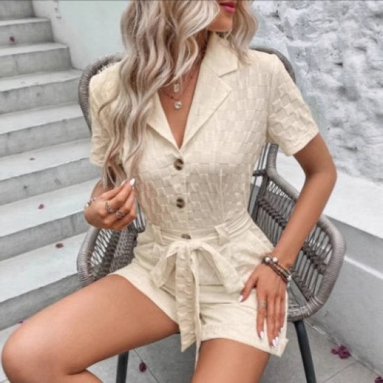 Spring and summer European lapel 2025 new style fashion checkered three-quarter sleeve jacquard fabric straight-leg tie jumpsuit for women