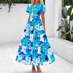 Autumn and winter European and American waist-cinching 2025 new style cross-border women's fashion elastic waist romantic vacation-style printed dress for women