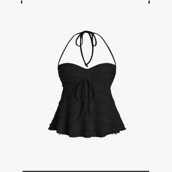 2025 Amazon cross-border European and American new style sexy tied short halter fashion off-the-shoulder halter top for women Cross-border European and American elegant and stylish tie-dye off-the-shoulder short-sleeved dress, slimming and figure-hugging,