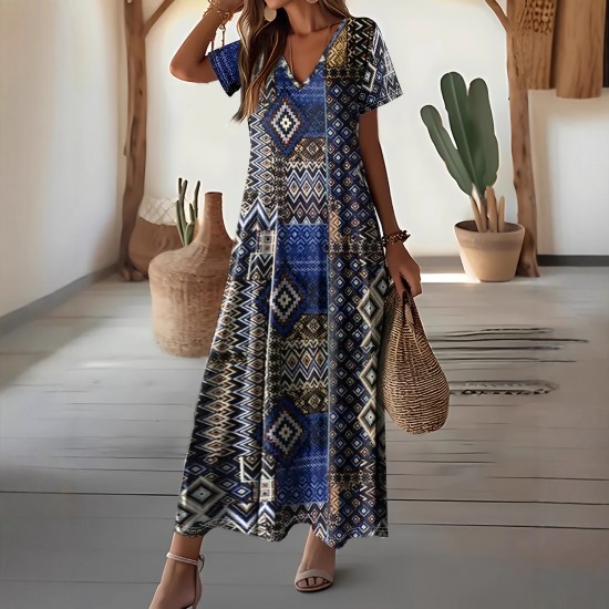 Spring and summer cross-border European and American new style fashion geometric pattern print loose plus size dress for women 2025