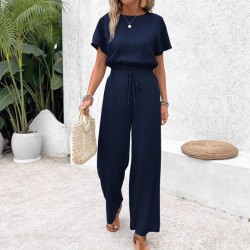 Autumn European and American fashion drawstring 2025 new style women's cross-border elastic waist casual long pants two-piece set for women