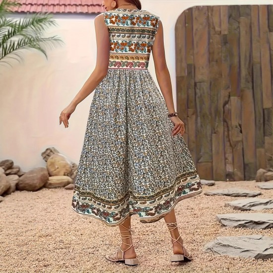 Spring and summer cross-border European and American new style fashion sleeveless round neck positioned print romantic floral plus size dress for women 2025