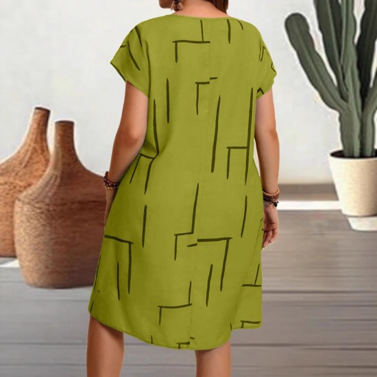 Spring and summer plus-size women's fashion 2025 new style fashionable printed round-neck short-sleeved midi dress for women