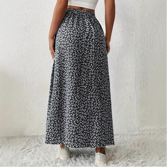 Spring and summer romantic floral high-waisted elastic waist 2025 new style retro four-way stretch split skirt for women
