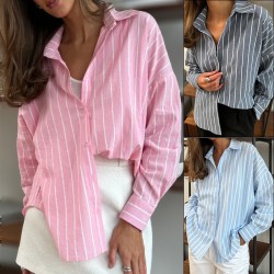 Autumn fashion polo neck Middle East 2025 new style European and American women's wear cardigan striped regular long sleeve shirt for women