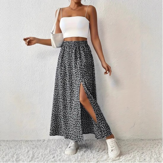 Spring and summer romantic floral high-waisted elastic waist 2025 new style retro four-way stretch split skirt for women
