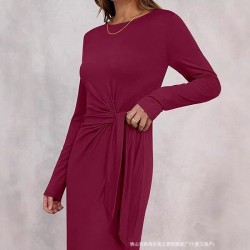 Cross-border European and American new style 2024 Spring/Summer long solid color semi-high neck slimming knitted dress