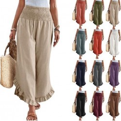 Four seasons European and American style women's 2025 new style fashionable gathered waist vacation-style ruffled hem wide-leg casual pants for women
