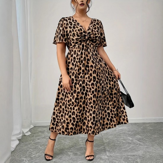 Spring and summer cross-border European and American new style fashion V-neck resort style leopard print plus size dress for women 2025