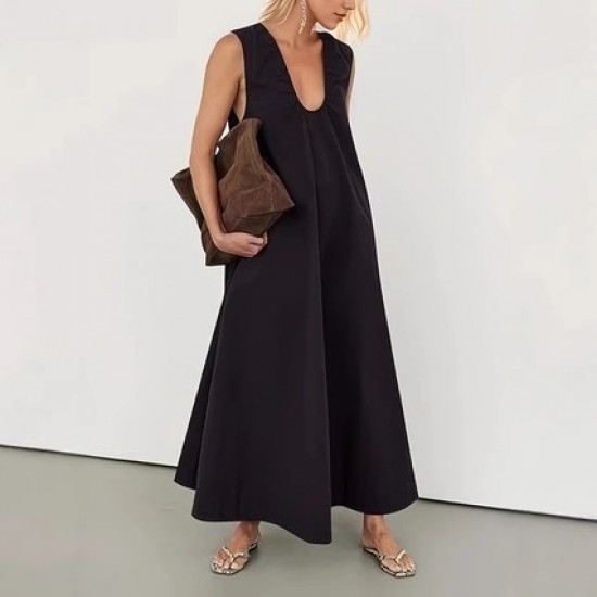 Spring and summer fashion crinkle pleated U-neck design sense dress for women 2025 new style cross-border European and American women's wear