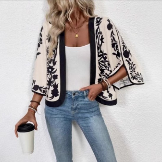Autumn European and American fashion 2025 new style cross-border retro-style positioned print split-sleeve cardigan upper garment for women
