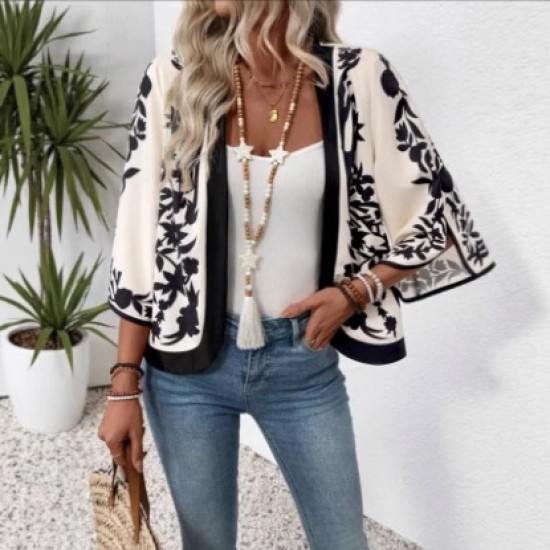 Autumn European and American fashion 2025 new style cross-border retro-style positioned print split-sleeve cardigan upper garment for women