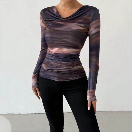 2024 Amazon European and American cross-border elegant and stylish print long sleeve T-shirt factory direct sale
