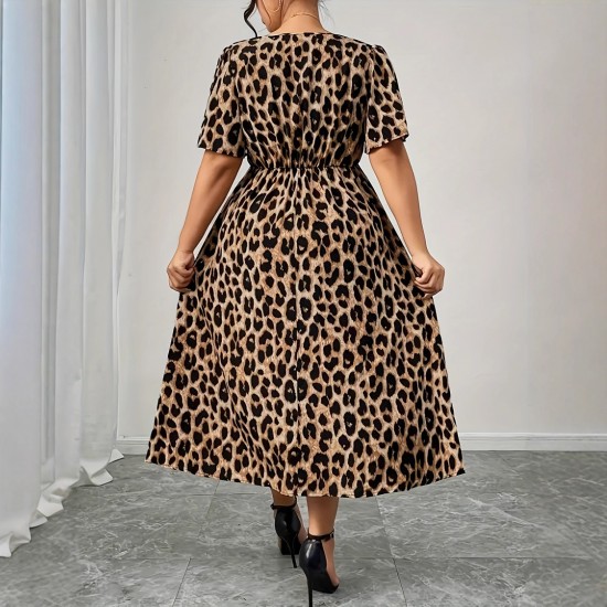 Spring and summer cross-border European and American new style fashion V-neck resort style leopard print plus size dress for women 2025