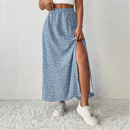Spring and summer romantic floral high-waisted elastic waist 2025 new style retro four-way stretch split skirt for women