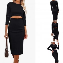 European style long-sleeved mid-length fitted one-piece dress with a casual round neckline and openwork knitted design for a slim fit and pencil shape