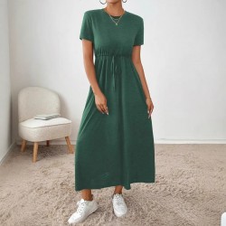 Spring and summer cross-border European and American 2025 new style fashionable design-sense versatile round-neck retro pleated waist dress for women