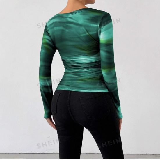 2024 Spring/Summer European and American cross-border new women's wear, tie-dye long-sleeved slimming dress for girls