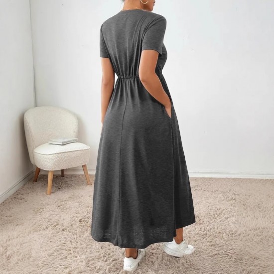 Spring and summer cross-border European and American 2025 new style fashionable design-sense versatile round-neck retro pleated waist dress for women