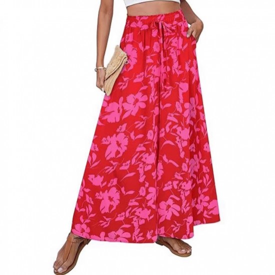 Four seasons fashion drawstring pleated long pants 2025 new style European and American women's wear romantic print resort style casual pants for women