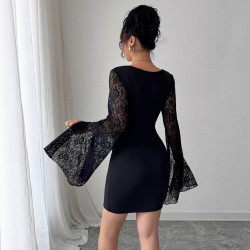 Cross-border Amazon women's wear elegant and fashionable round neck tied waist slit sexy long-sleeved maxi dress