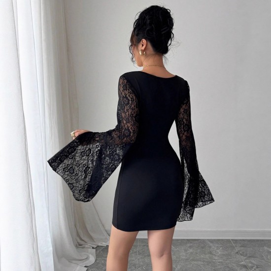 Cross-border Amazon women's wear elegant and fashionable round neck tied waist slit sexy long-sleeved maxi dress