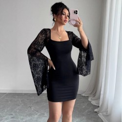 Cross-border Amazon women's wear elegant and fashionable round neck tied waist slit sexy long-sleeved maxi dress
