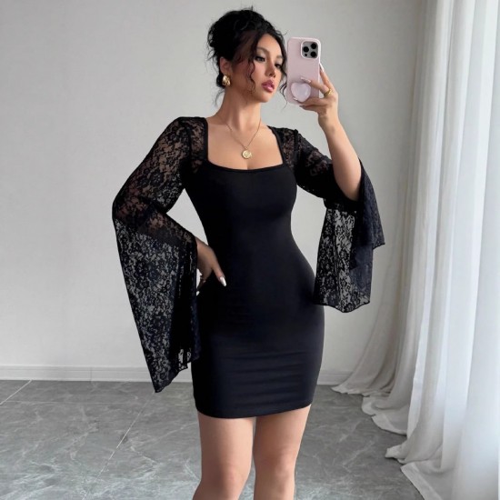 Cross-border Amazon women's wear elegant and fashionable round neck tied waist slit sexy long-sleeved maxi dress