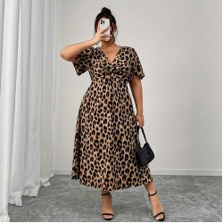 Spring and summer cross-border European and American new style fashion V-neck resort style leopard print plus size dress for women 2025