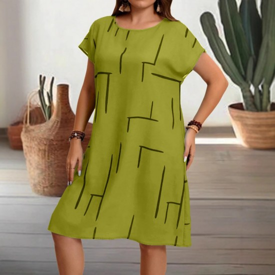 Spring and summer plus-size women's fashion 2025 new style fashionable printed round-neck short-sleeved midi dress for women