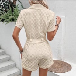 Spring and summer European lapel 2025 new style fashion checkered three-quarter sleeve jacquard fabric straight-leg tie jumpsuit for women