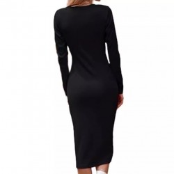 European style long-sleeved mid-length fitted one-piece dress with a casual round neckline and openwork knitted design for a slim fit and pencil shape