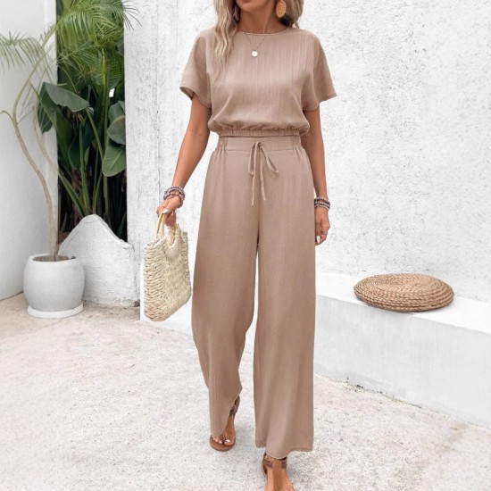 Autumn European and American fashion drawstring 2025 new style women's cross-border elastic waist casual long pants two-piece set for women
