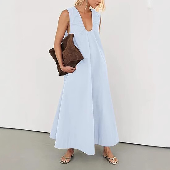 Spring and summer fashion crinkle pleated U-neck design sense dress for women 2025 new style cross-border European and American women's wear