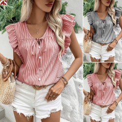 Spring and summer unique French V-neck fashion small puff sleeves 2025 new style design sense tied striped top T-shirt for women