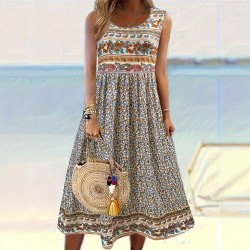 Spring and summer cross-border European and American new style fashion sleeveless round neck positioned print romantic floral plus size dress for women 2025