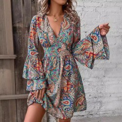 Spring and summer cross-border European and American new style bohemian paisley print bell sleeve dress for women 2025